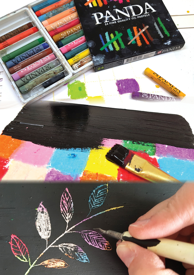Scratch Art : PANDA Oil Pastels en Opaque Black Paint van Talens
